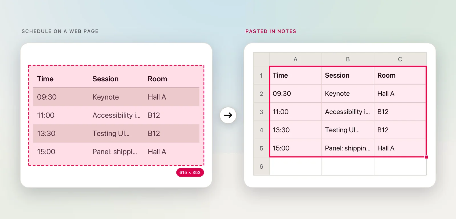 A conference schedule pasted into a note as a table