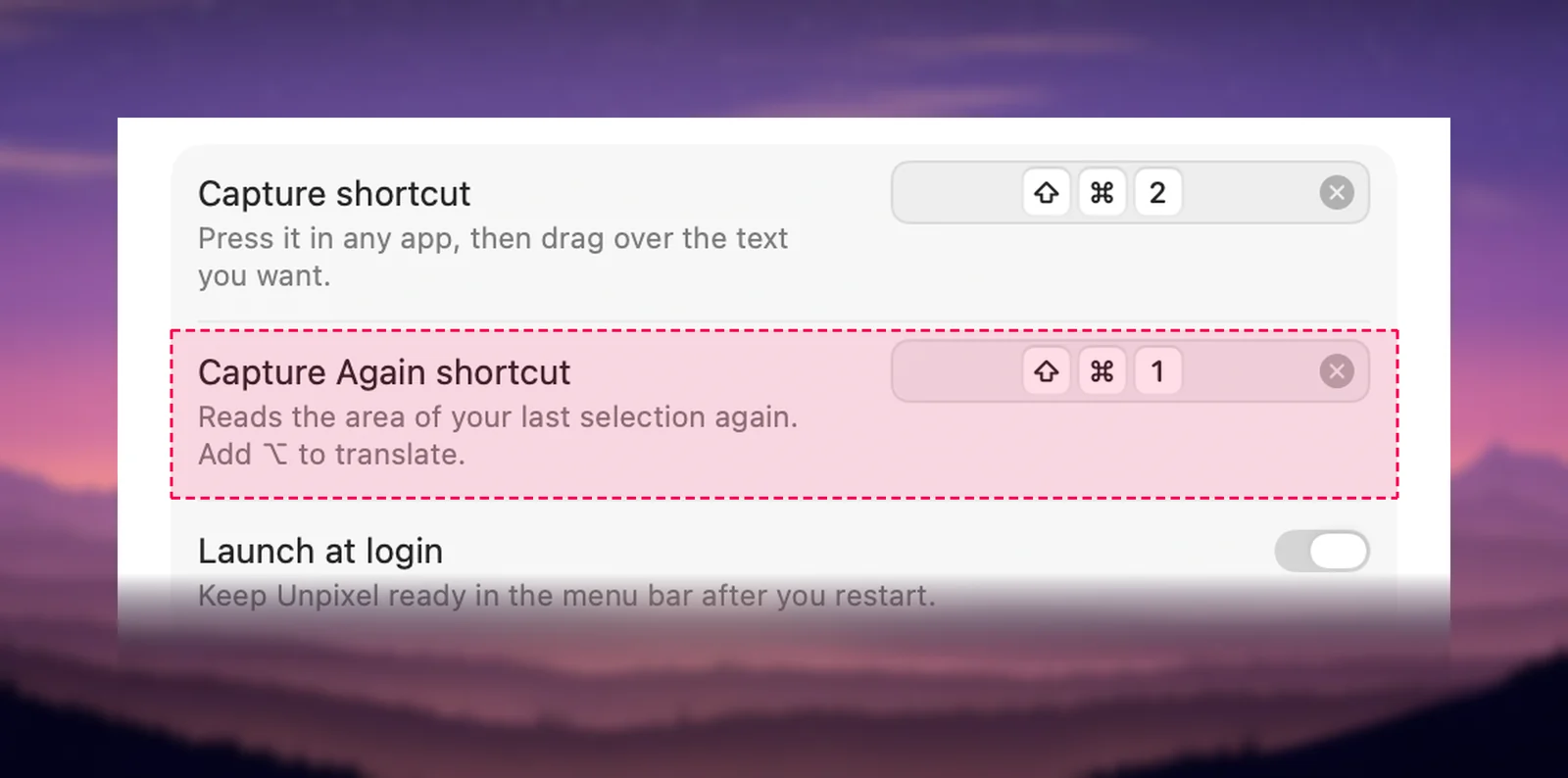 The Capture Again shortcut in General settings