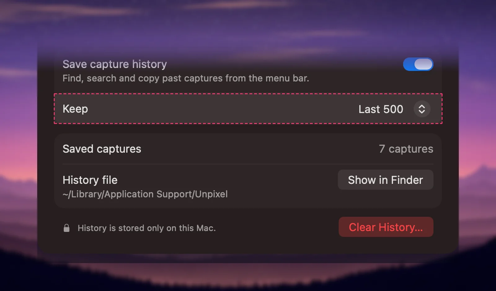Unpixel’s History settings