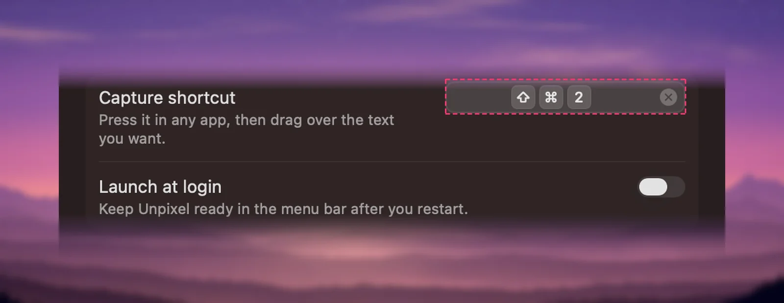 The Capture shortcut field in Settings