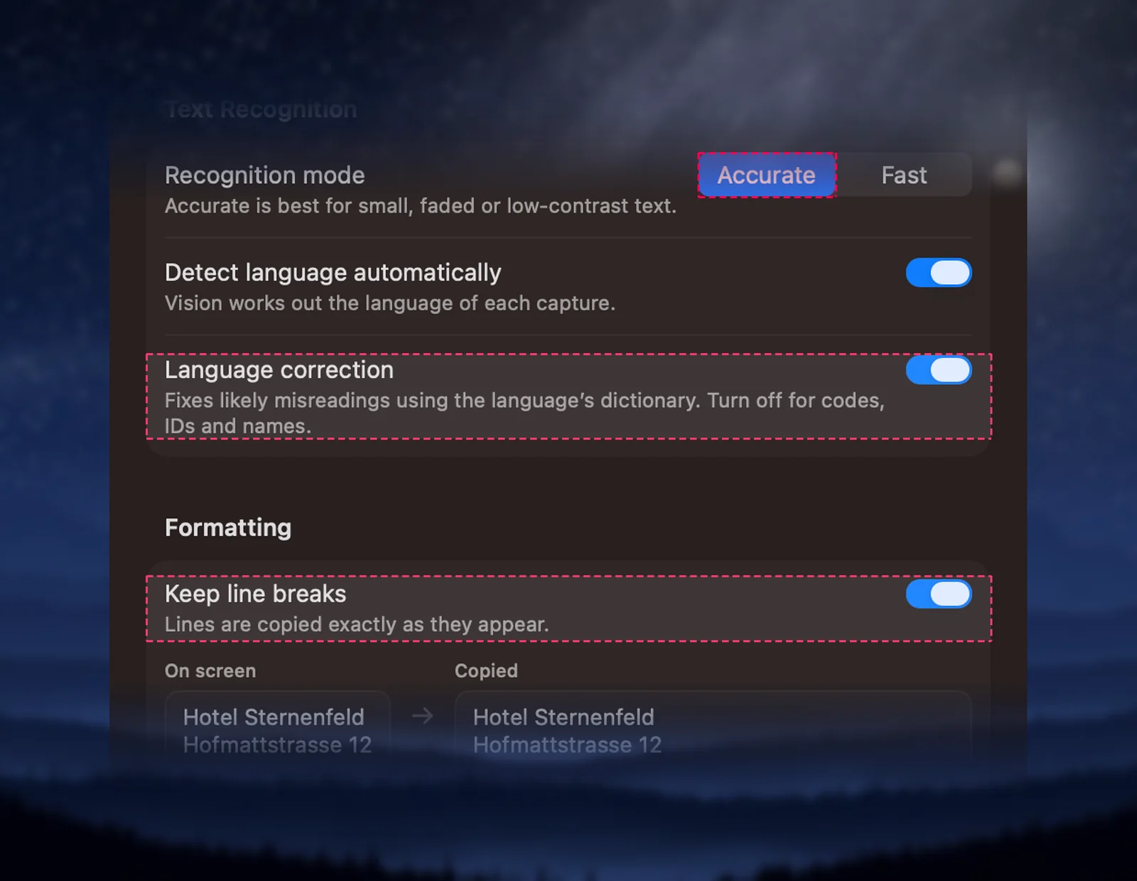 Recognition settings for capturing code