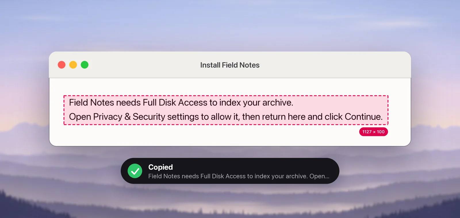 An installer notice captured as text