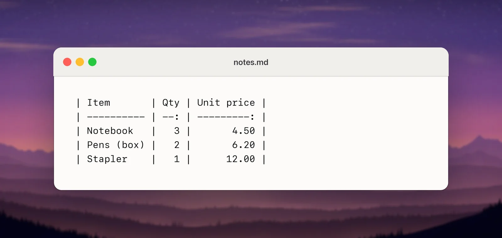A captured table as a Markdown pipe table in a text editor