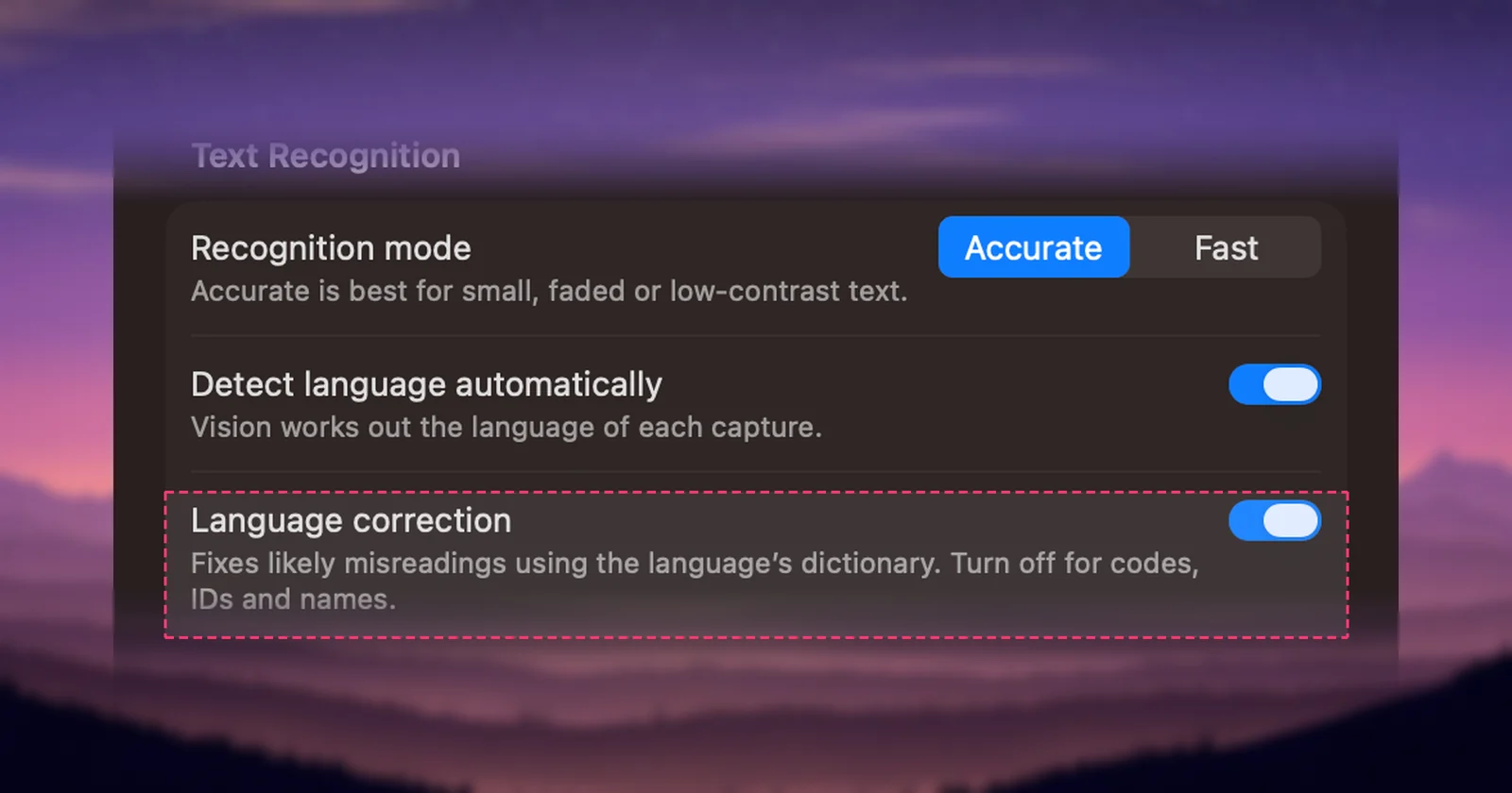 The Language correction setting