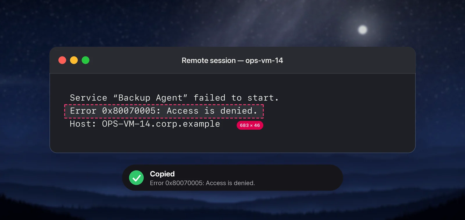 An error code copied from a remote session