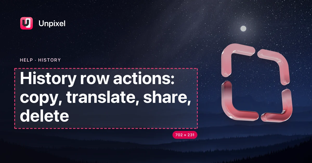 Title card: History row actions: copy, translate, share, delete
