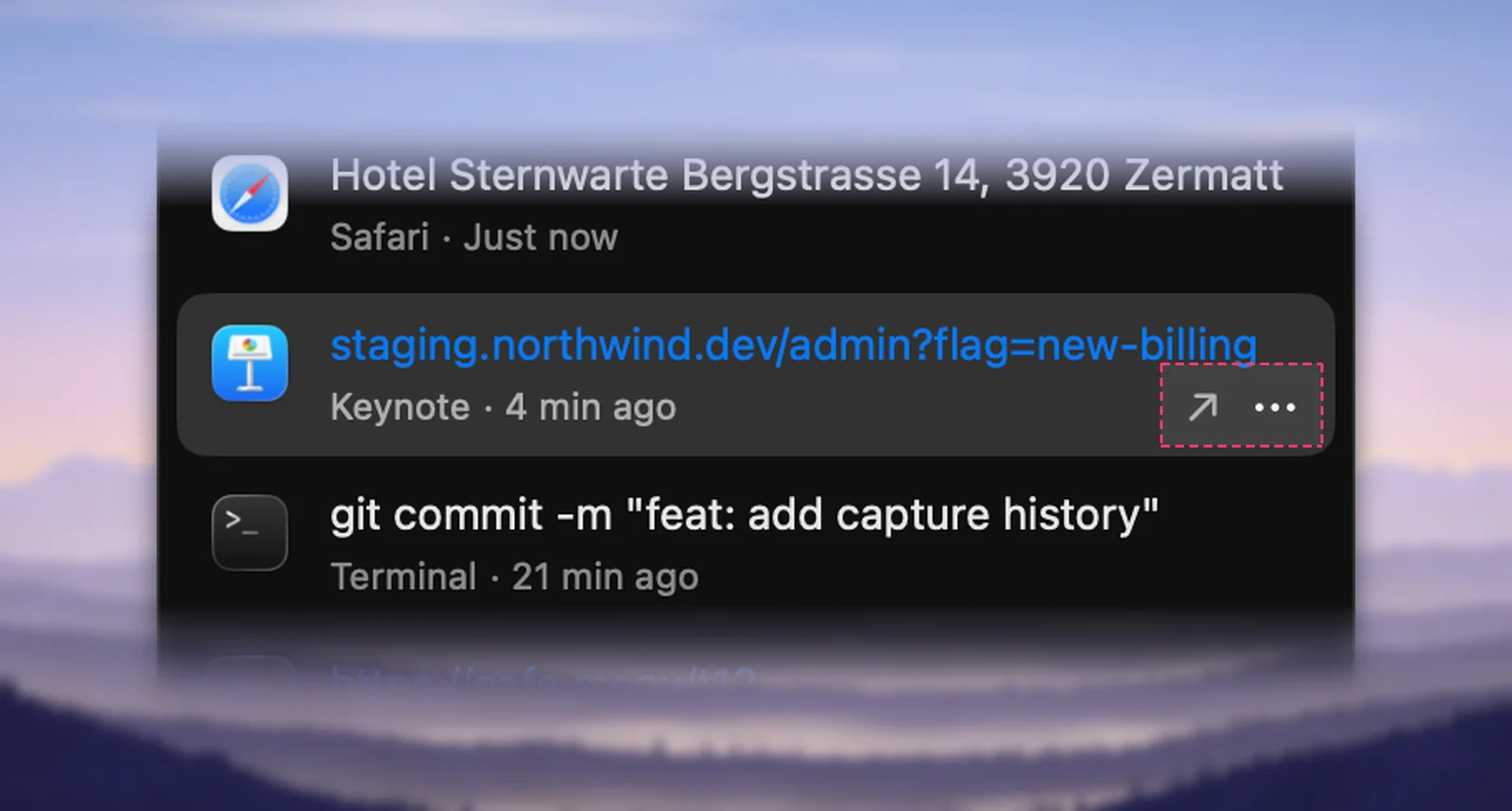 The Open Link arrow and the … button on a history row