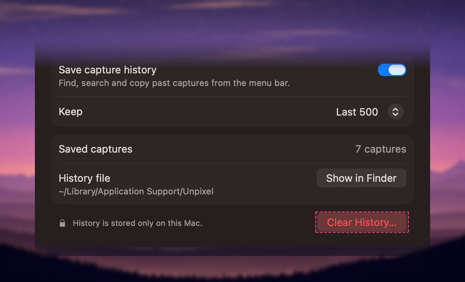 Unpixel’s History settings