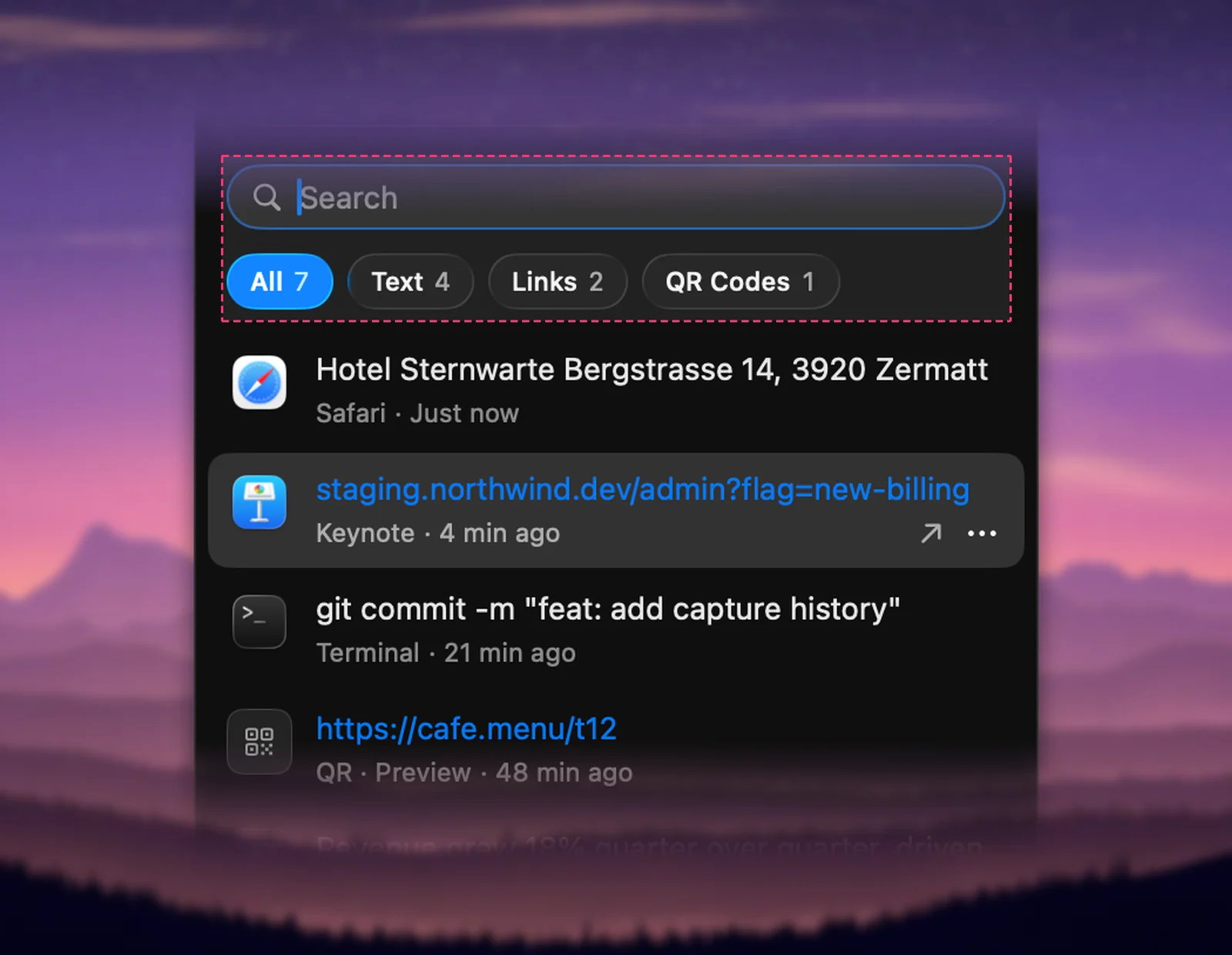 The search field and filters in Unpixel’s history