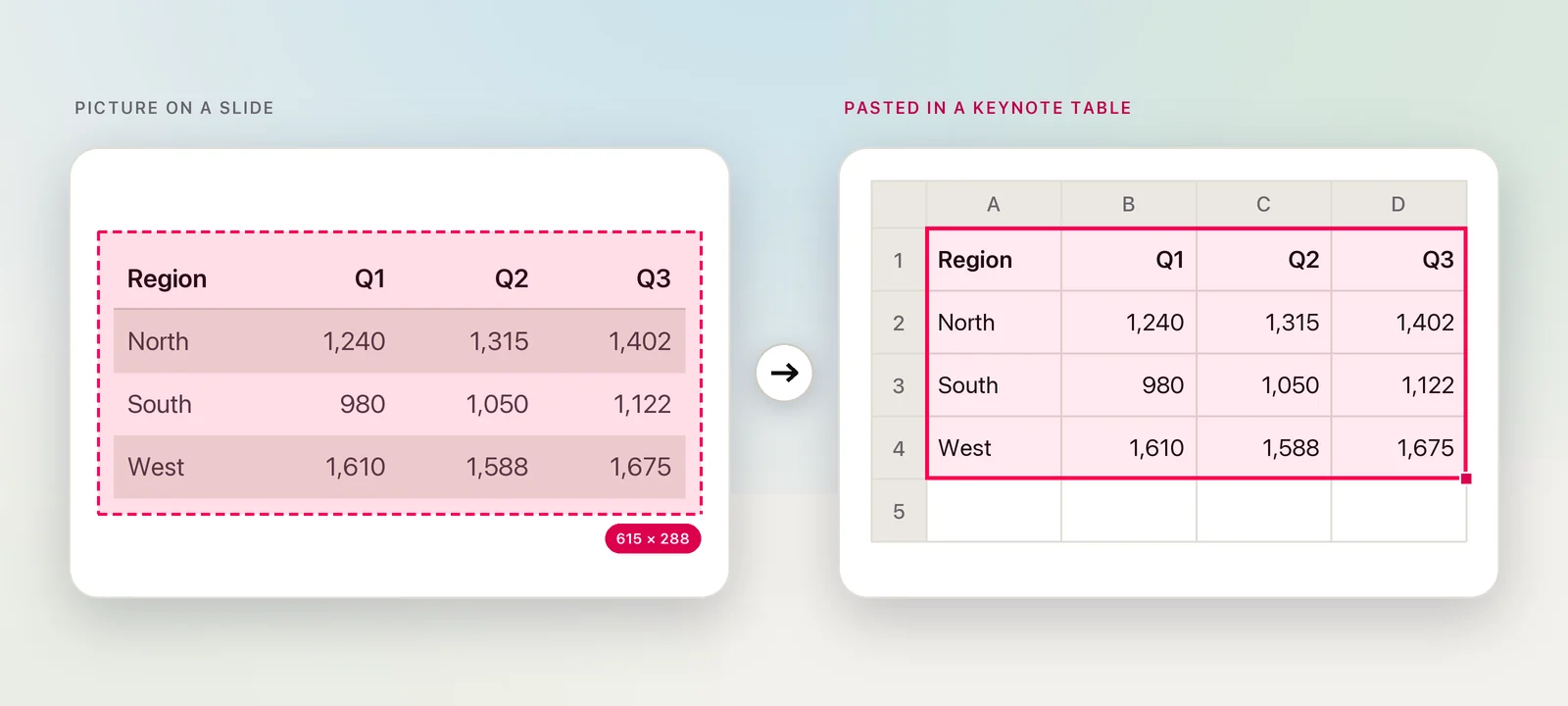 A table from a slide picture pasted into Keynote cells