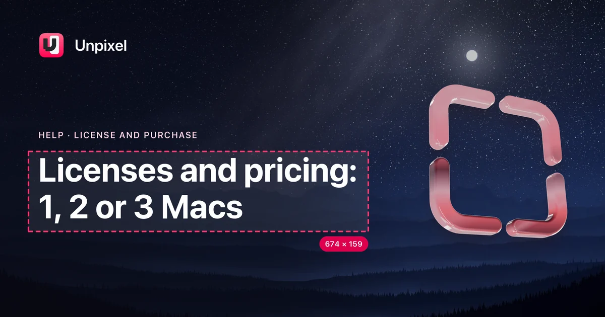 Title card: Licenses and pricing: 1, 2 or 3 Macs
