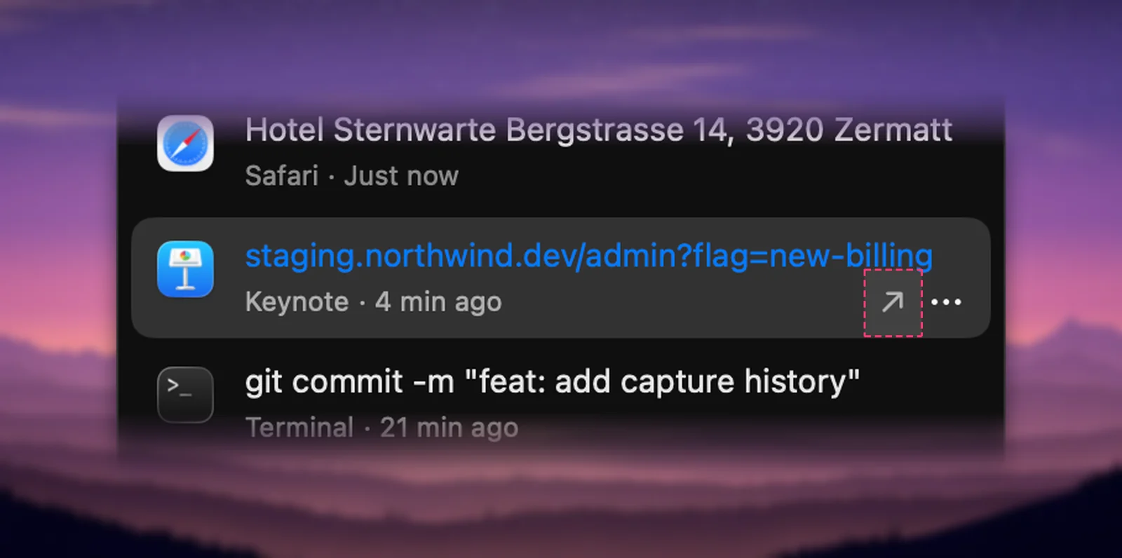 The Open Link arrow on a link row in Unpixel’s history
