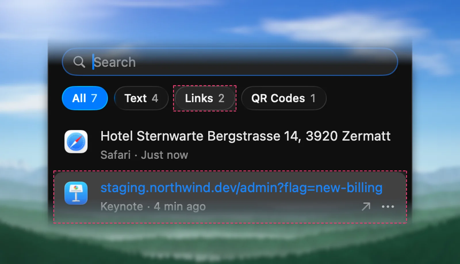 The Links filter and a link row in Unpixel’s history