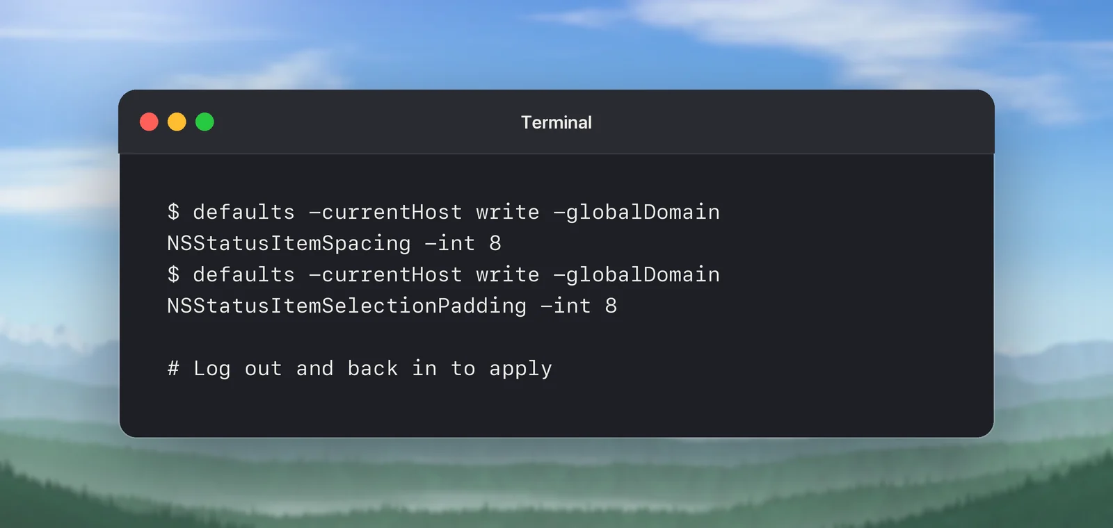 Terminal commands that tighten menu bar spacing