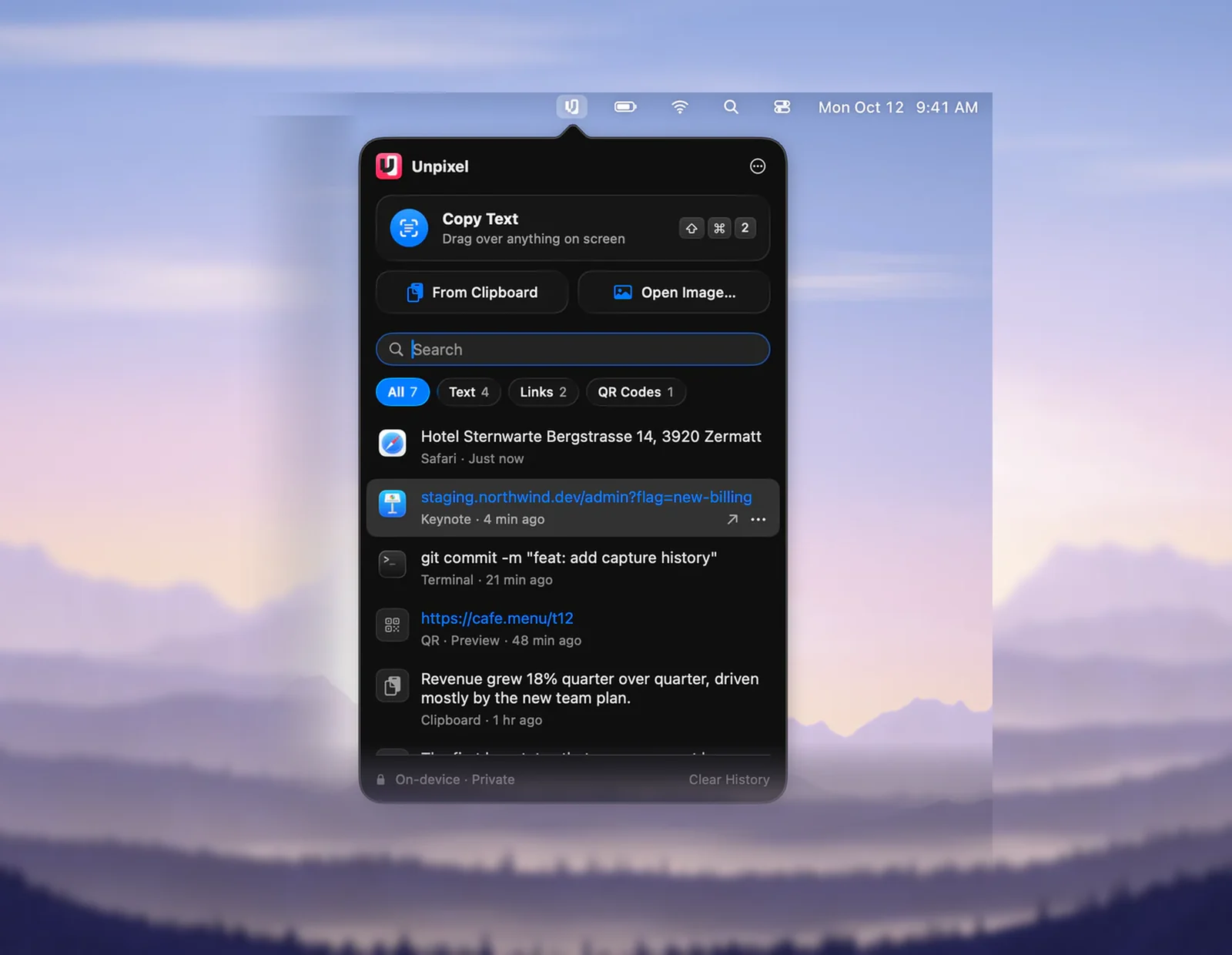 Unpixel’s menu bar panel