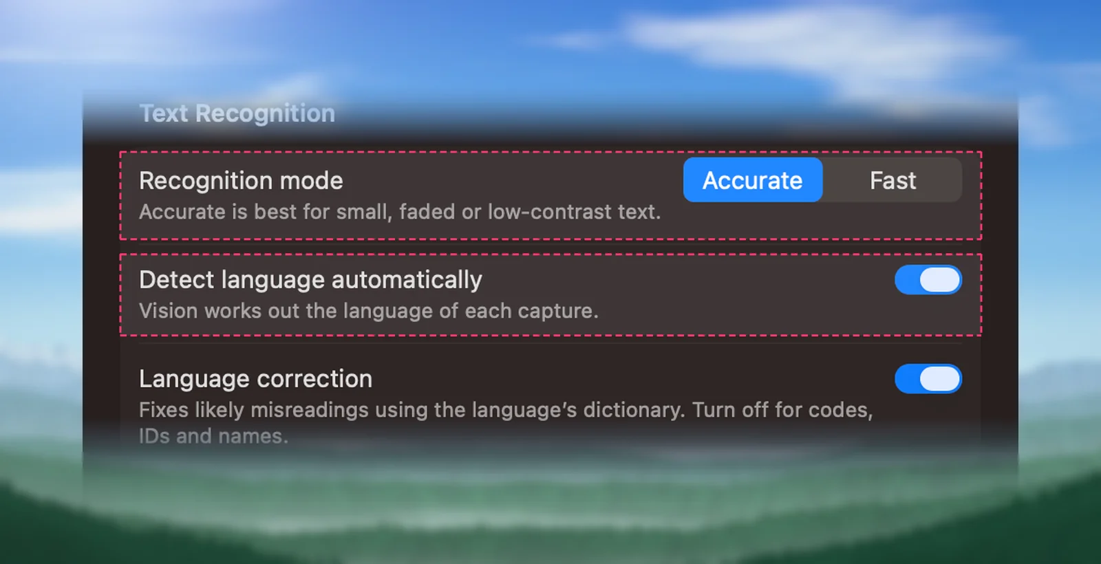 Recognition settings in Unpixel