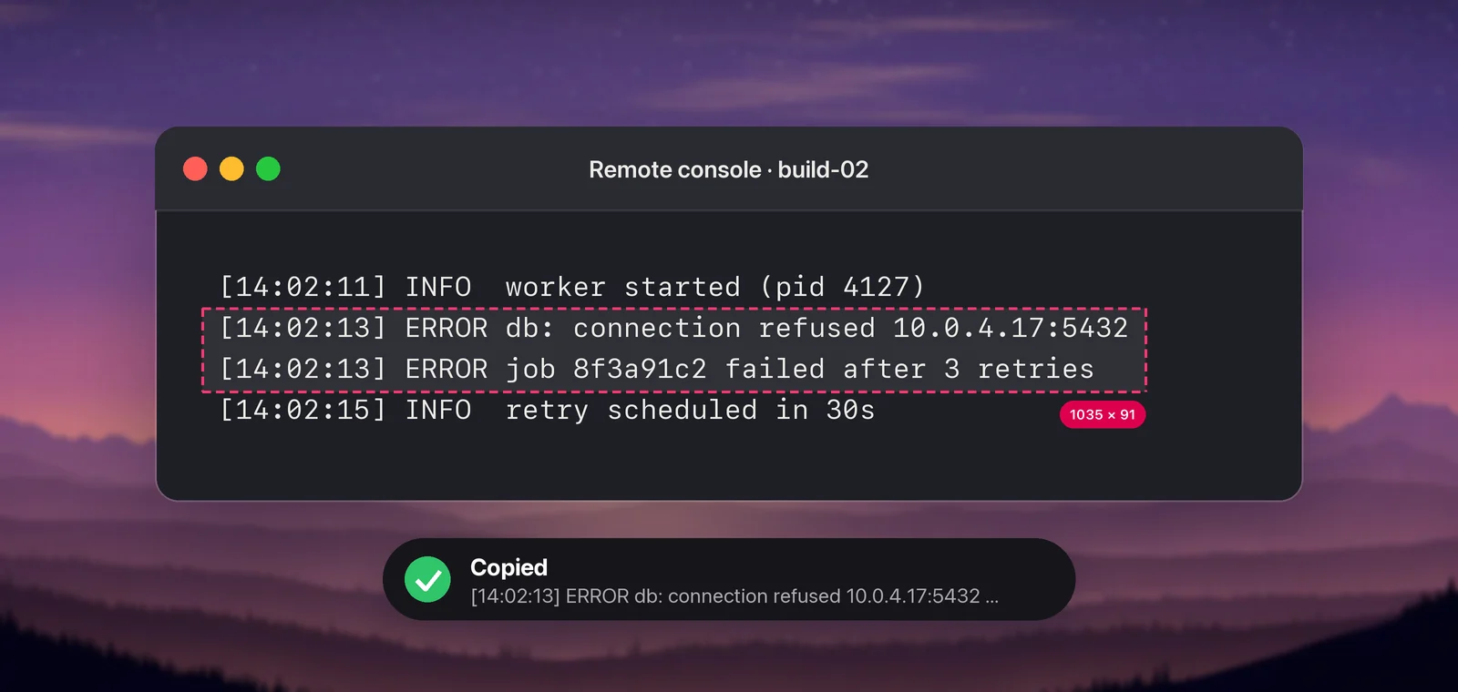 A remote console log with two lines selected