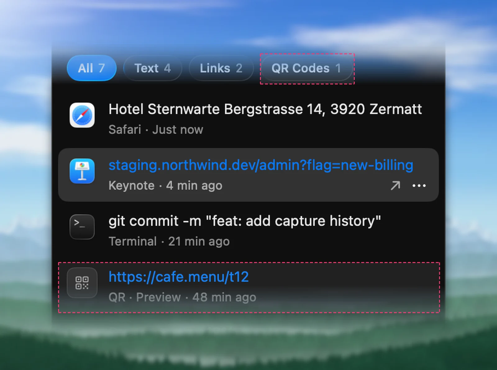 The QR Codes filter and a QR link in Unpixel’s history