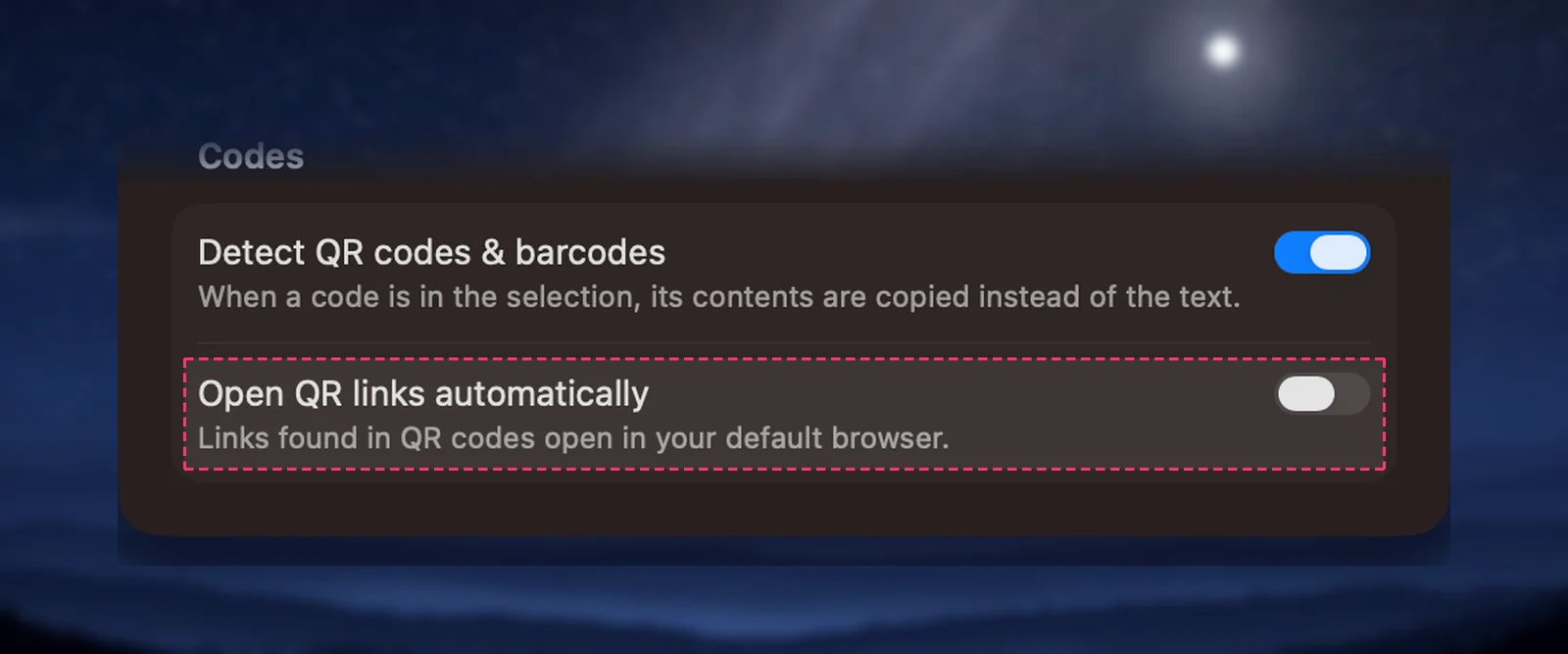 Unpixel’s Codes settings with Open QR links automatically
