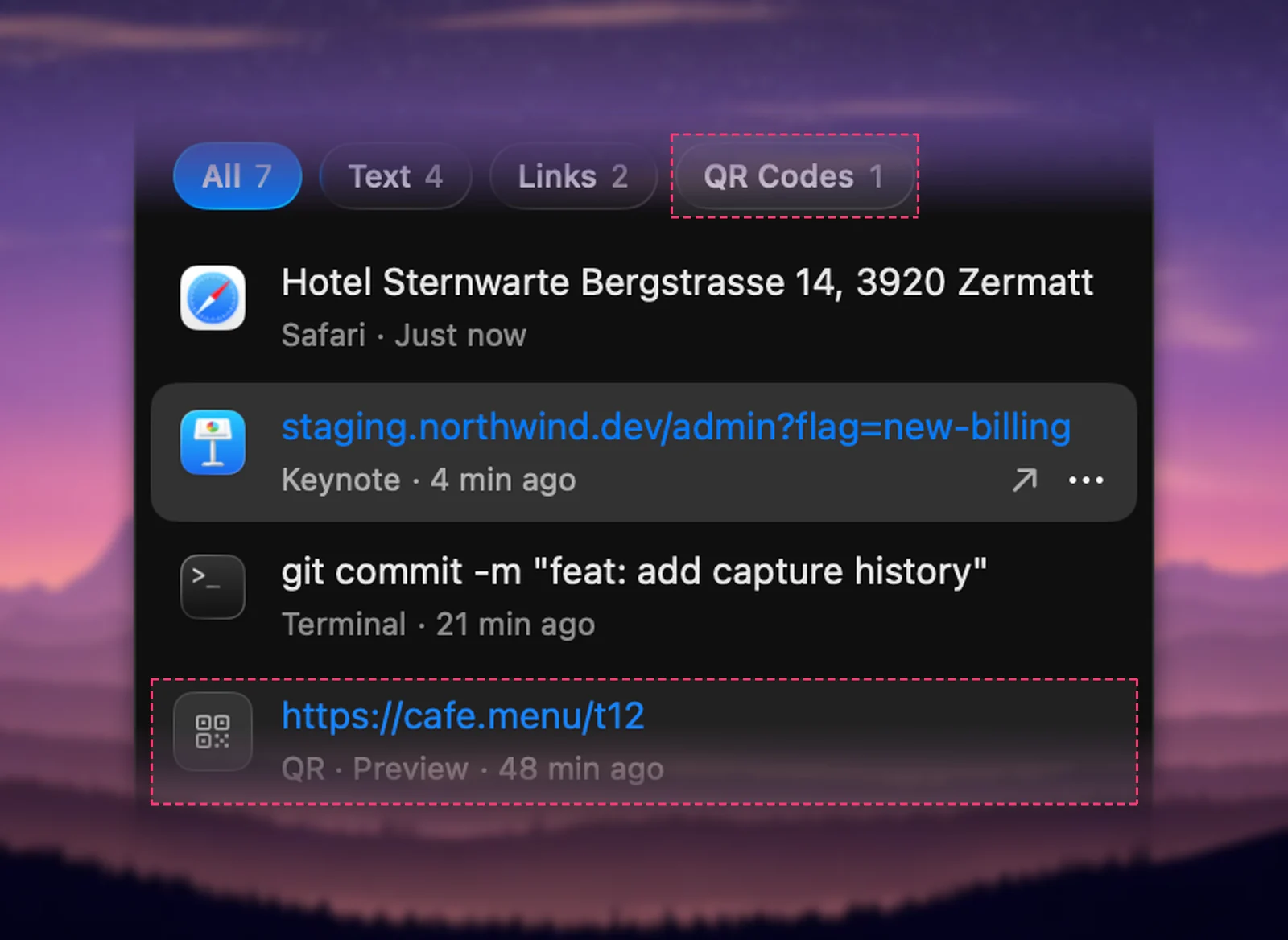 A decoded QR code in the capture history