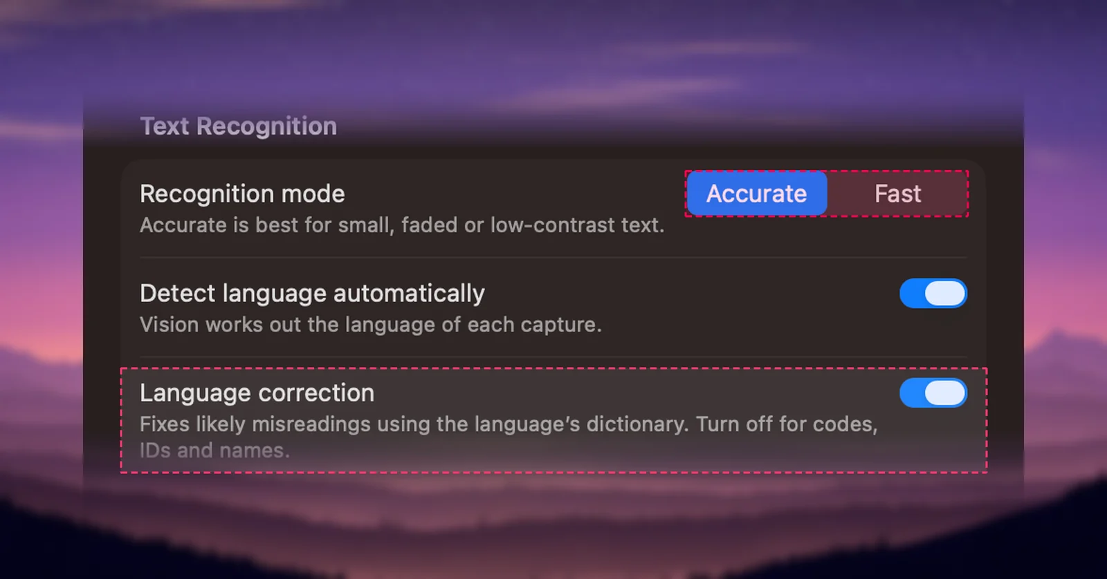 Recognition mode and Language correction in Unpixel’s settings