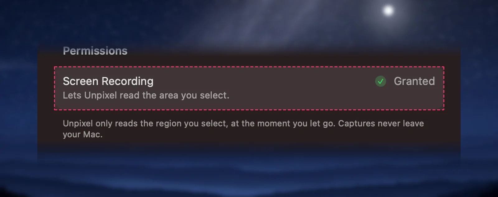 Screen Recording status in Unpixel’s settings