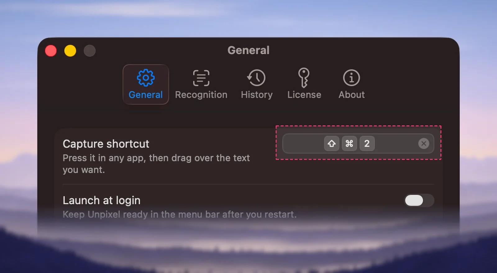 Unpixel’s capture shortcut setting
