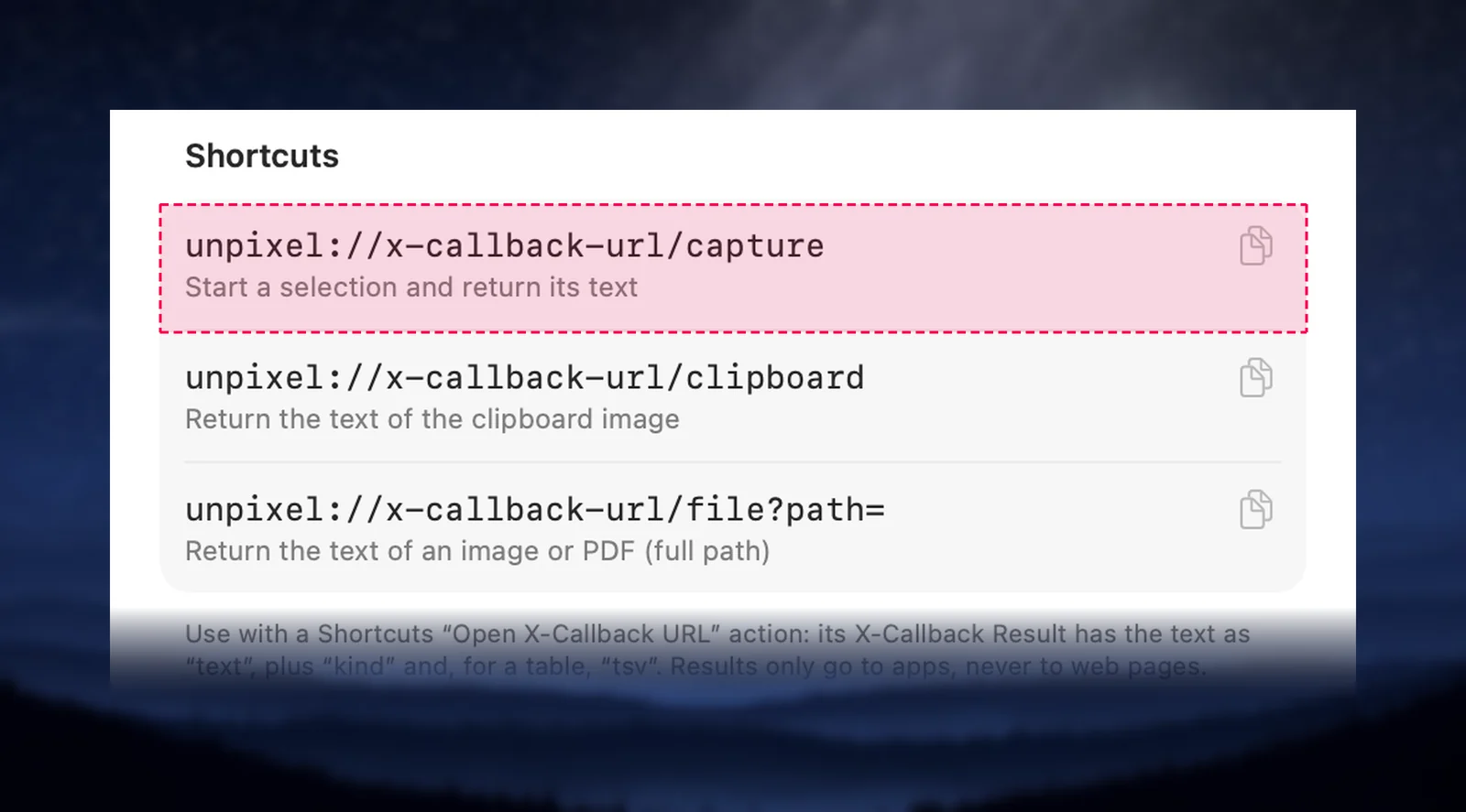 The Shortcuts commands in Settings → About