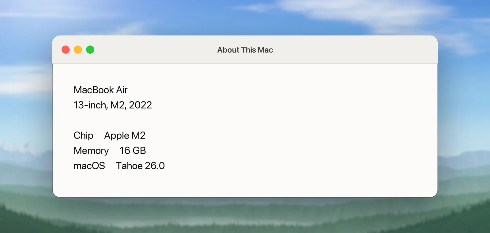 About This Mac, showing the chip and the macOS version