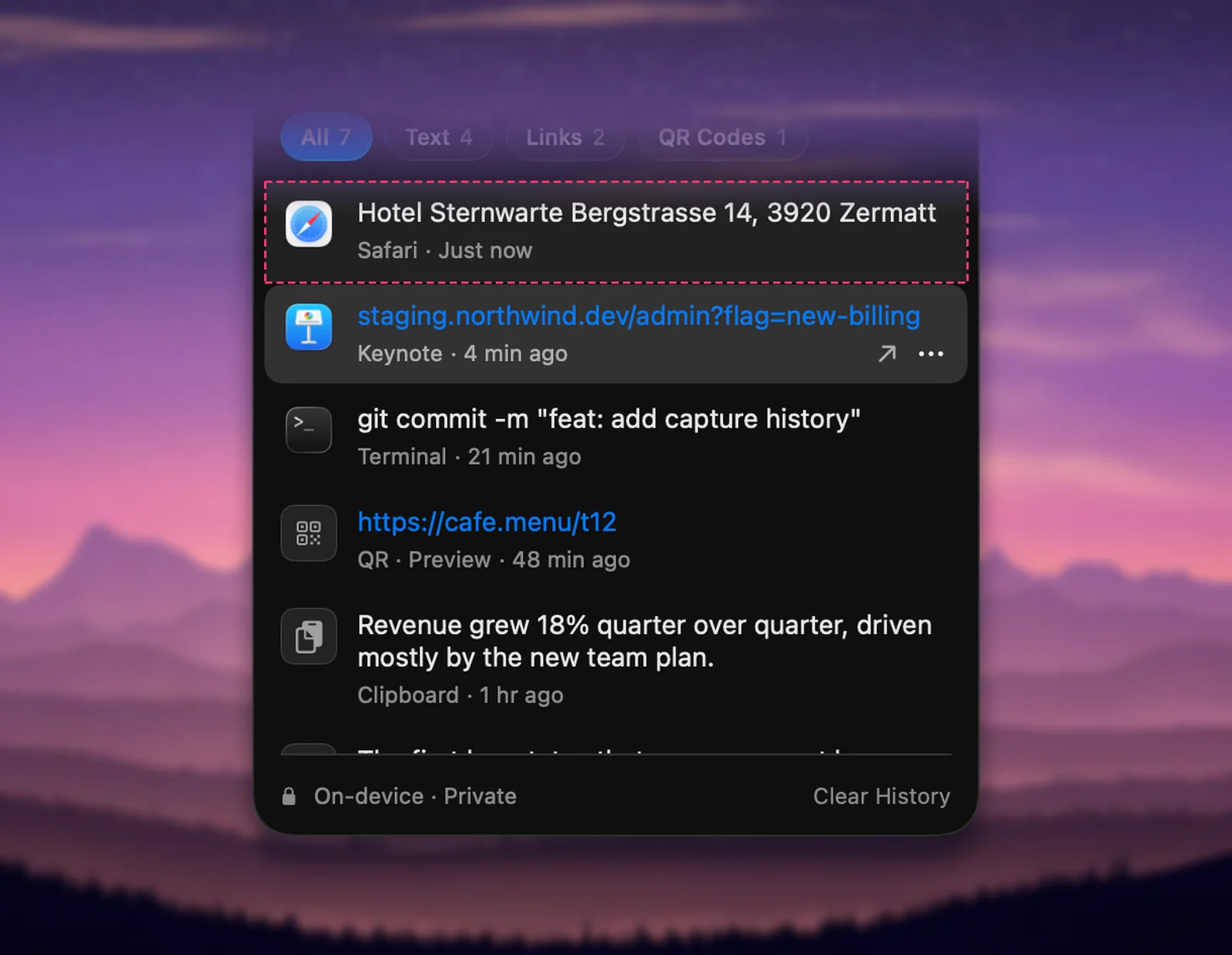 The history list in Unpixel’s menu bar panel