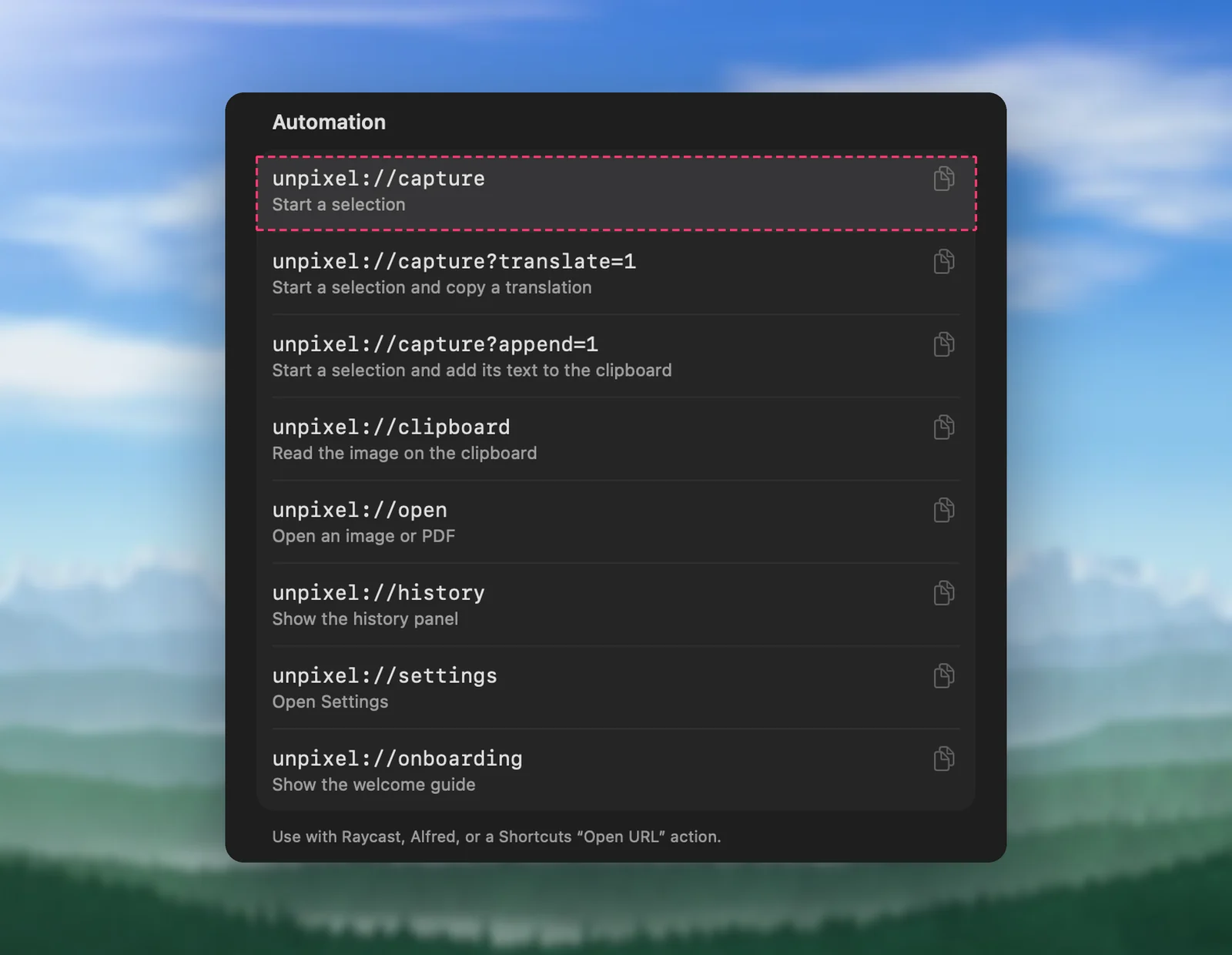 Unpixel’s URL commands in Settings