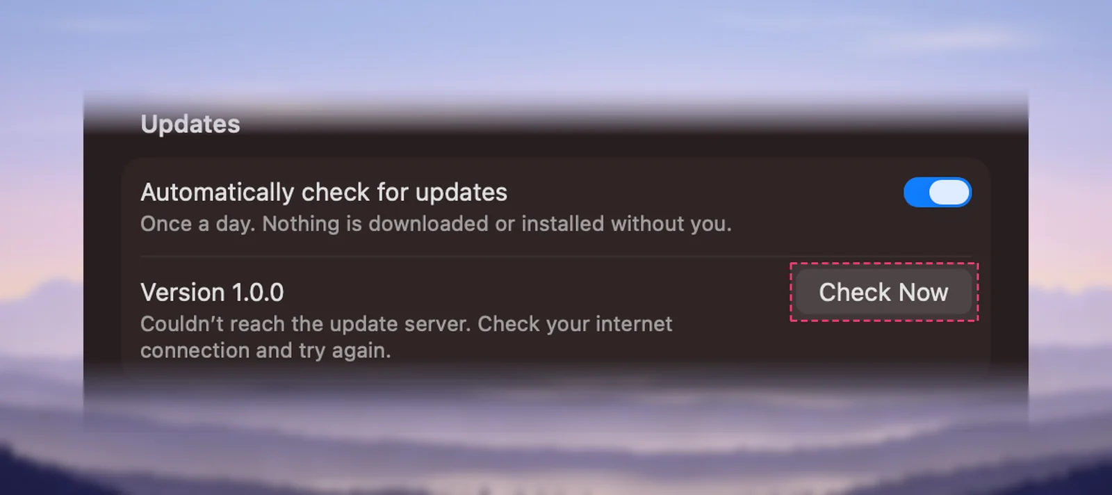 The Updates section in Unpixel’s settings