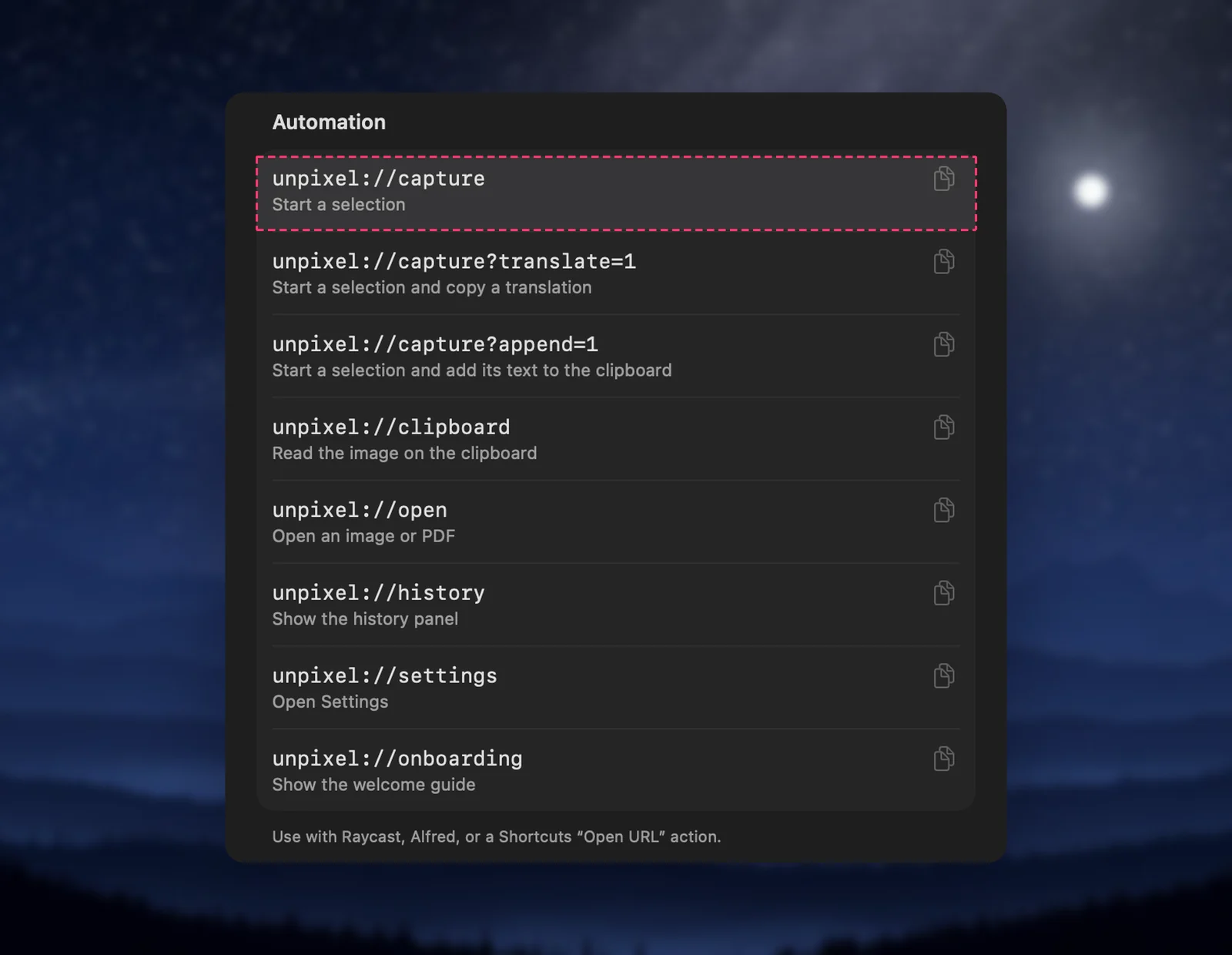 The automation commands in Unpixel’s About settings