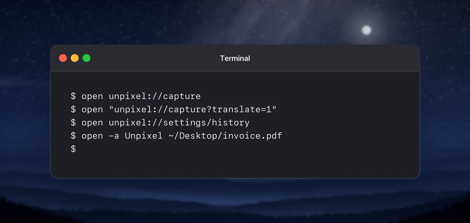 Terminal commands that open unpixel:// links
