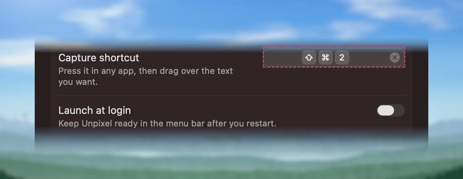 The Capture shortcut field in Unpixel’s settings