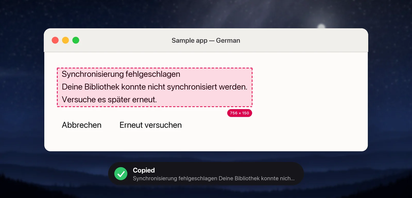 A German alert in a sample app, captured from the simulator