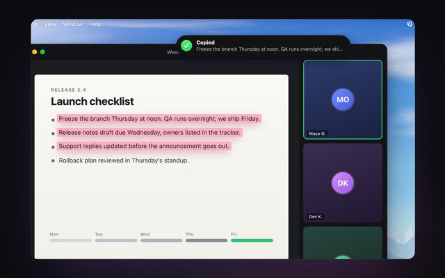 Unpixel’s Copied confirmation at the top of the screen as the recognized lines lift off the slide.