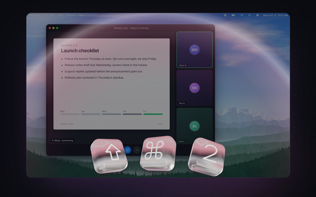 Glass Shift, Command and 2 keys pressed in front of a dimmed video call.
