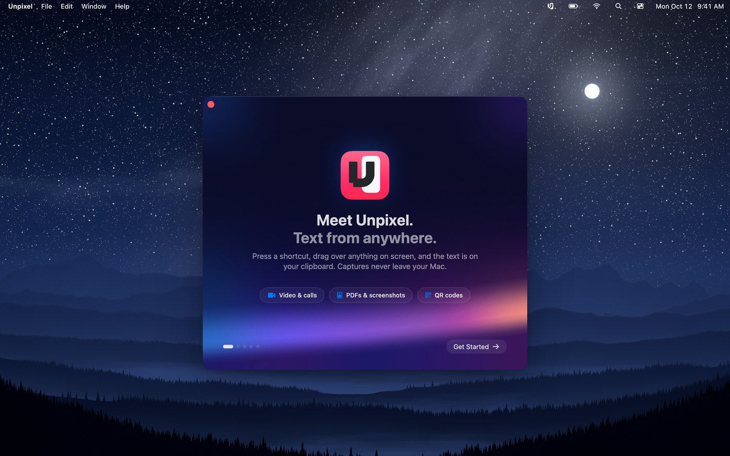 Unpixel’s welcome window, “Meet Unpixel. Text from anywhere.”, over a night sky wallpaper
