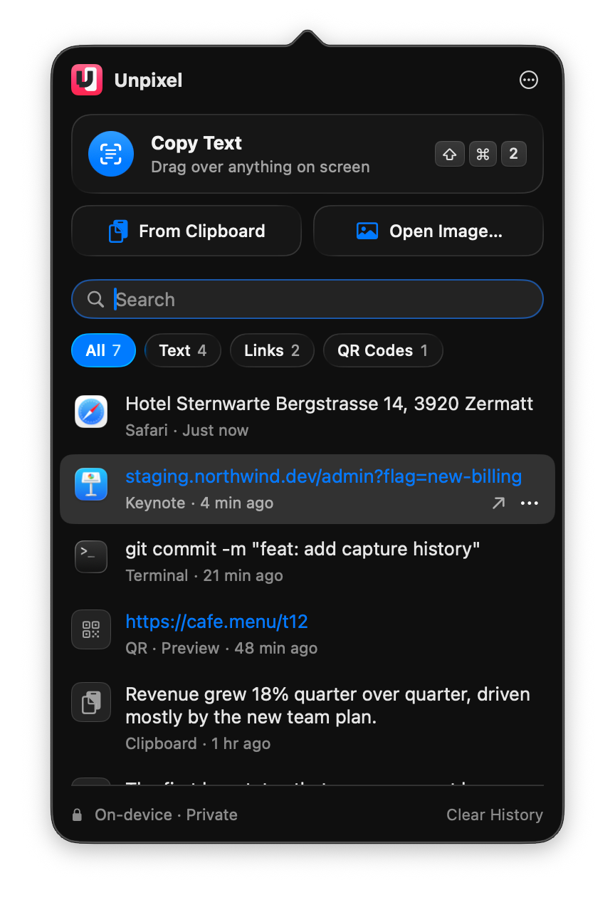 Unpixel’s menu bar panel: Copy Text (Shift-Command-2), From Clipboard, Open Image, search, All / Text / Links / QR Codes filters and recent captures