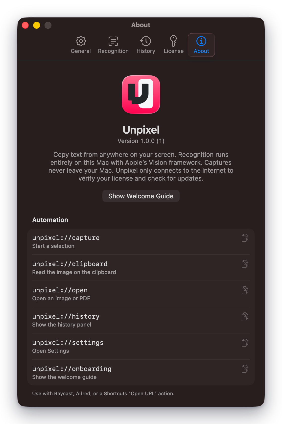 Unpixel About settings
